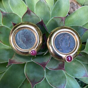 European Etruscan Bronze Roman Coin 14KT Yellow Gold Earrings